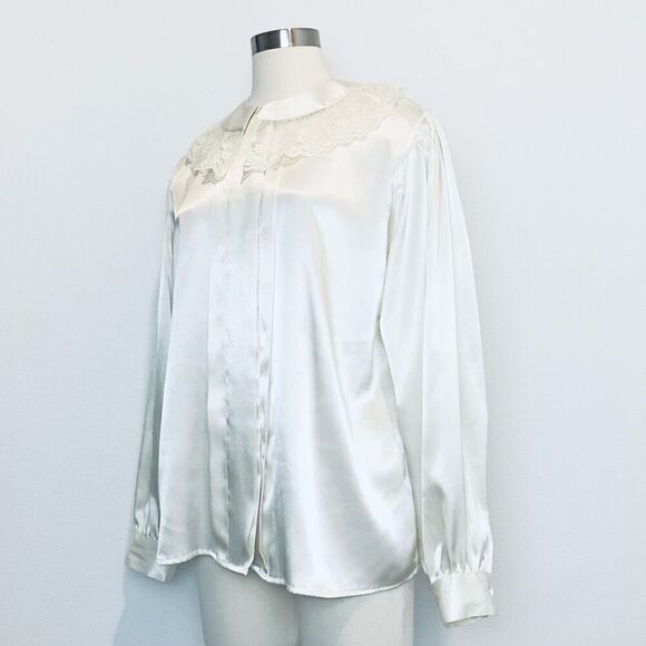 Vintage 80s Notations Cottage Satin Ivory Button Large Collared Blouse L - Picture 3 of 7